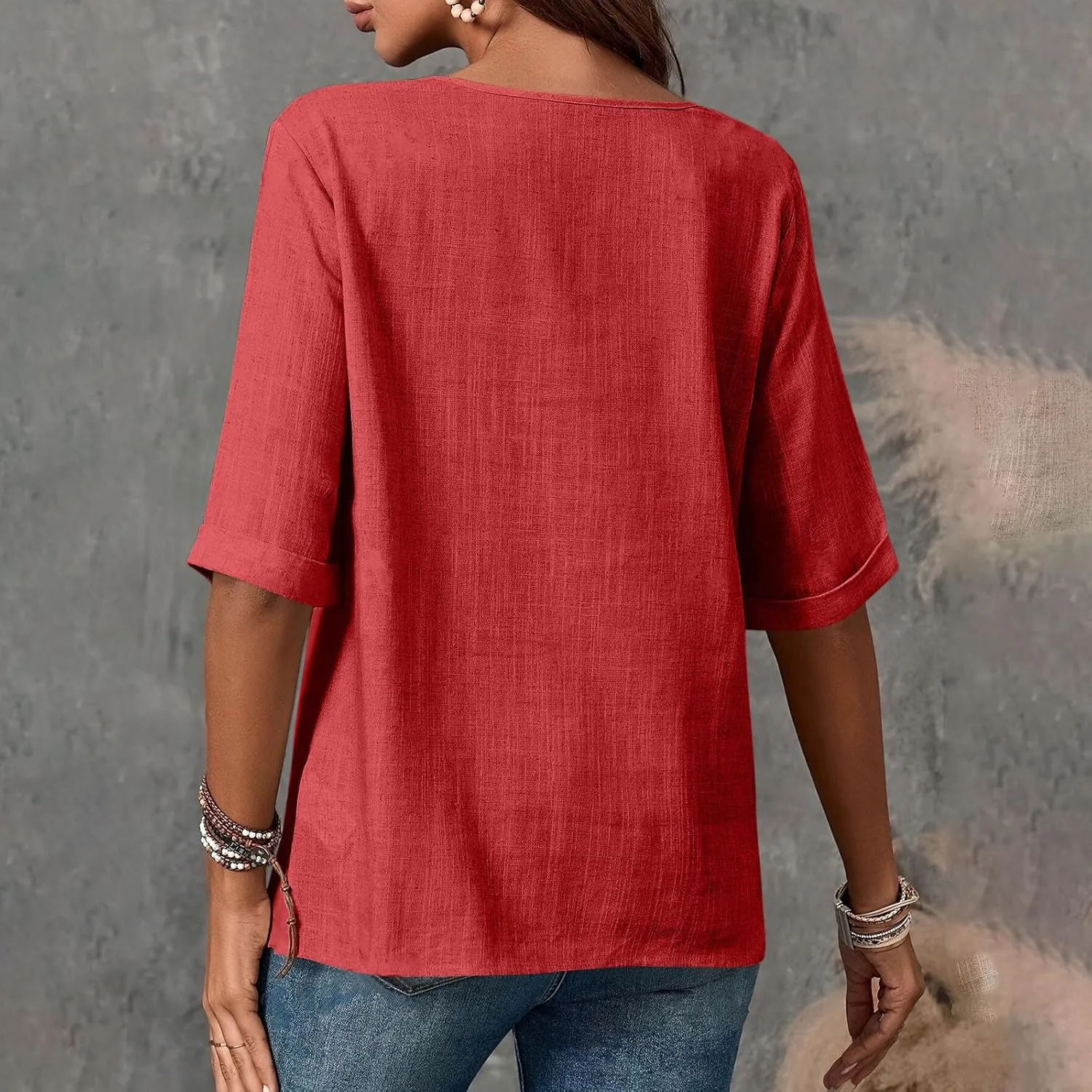 Summer Tops for Women Trendy 2025 Dressy Casual Scoop Neck Women's Linen Blend Shirts Short Sleeve Loose Fit