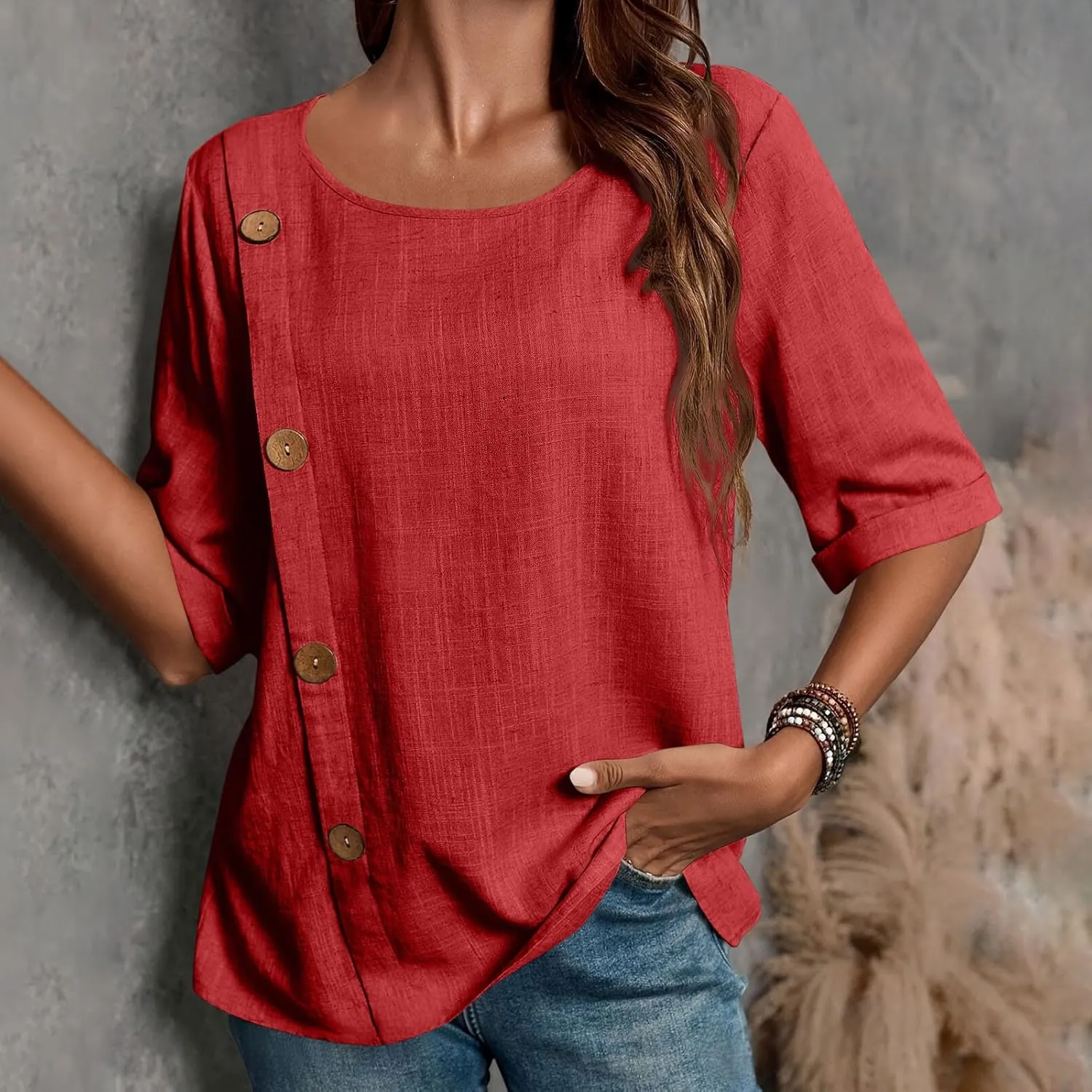Summer Tops for Women Trendy 2025 Dressy Casual Scoop Neck Women's Linen Blend Shirts Short Sleeve Loose Fit