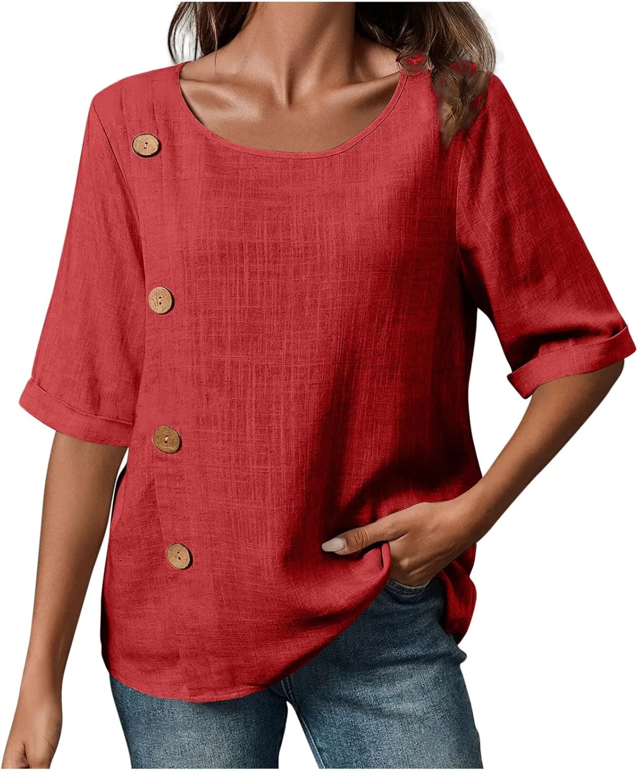 Summer Tops for Women Trendy 2025 Dressy Casual Scoop Neck Women's Linen Blend Shirts Short Sleeve Loose Fit