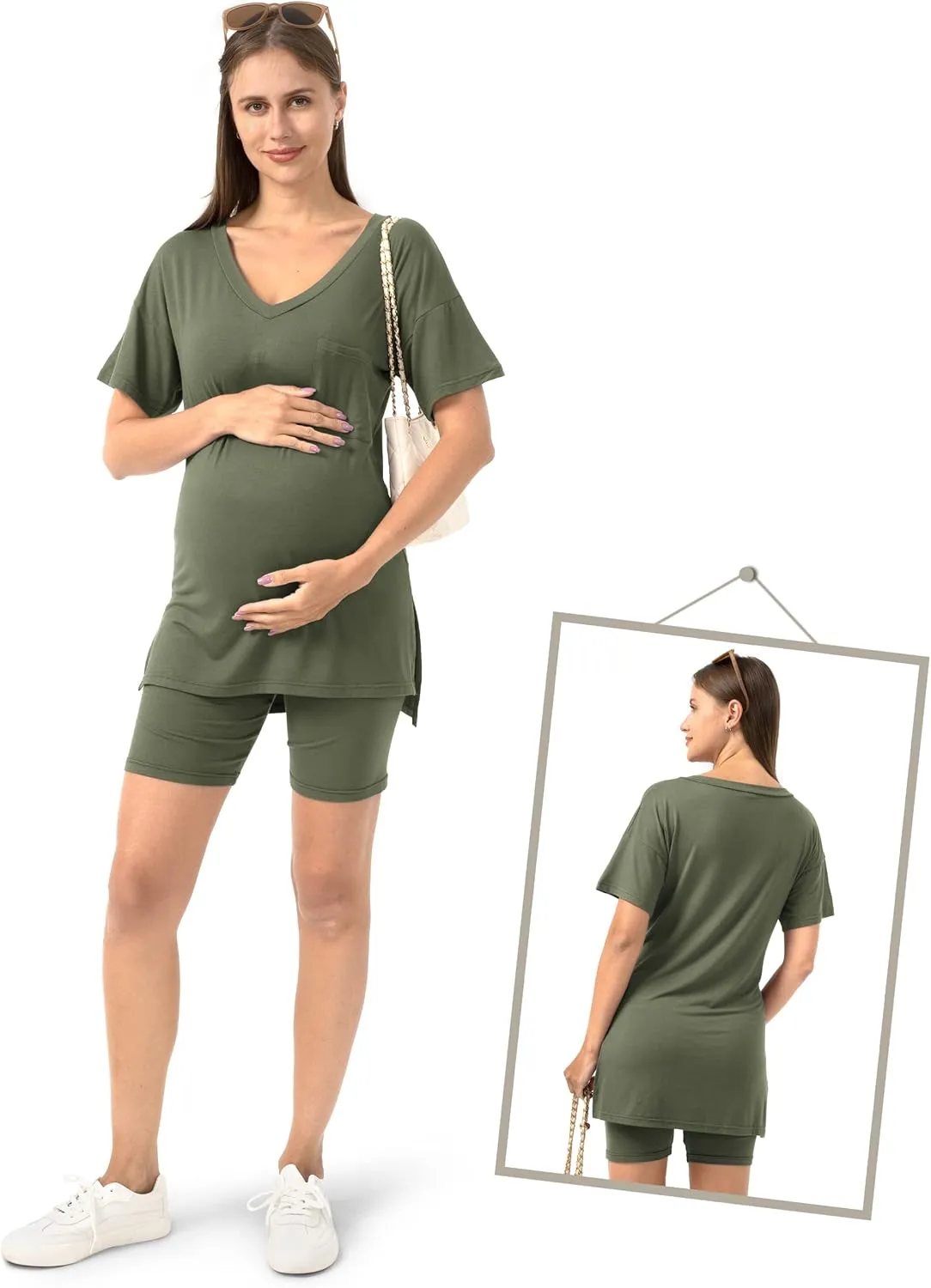 SUNNYBUY Maternity Pajamas Set 2 Piece Outfits V Neck Short Sleeve Shirts and Biker Shorts Pregnancy Postpartum Loungewear