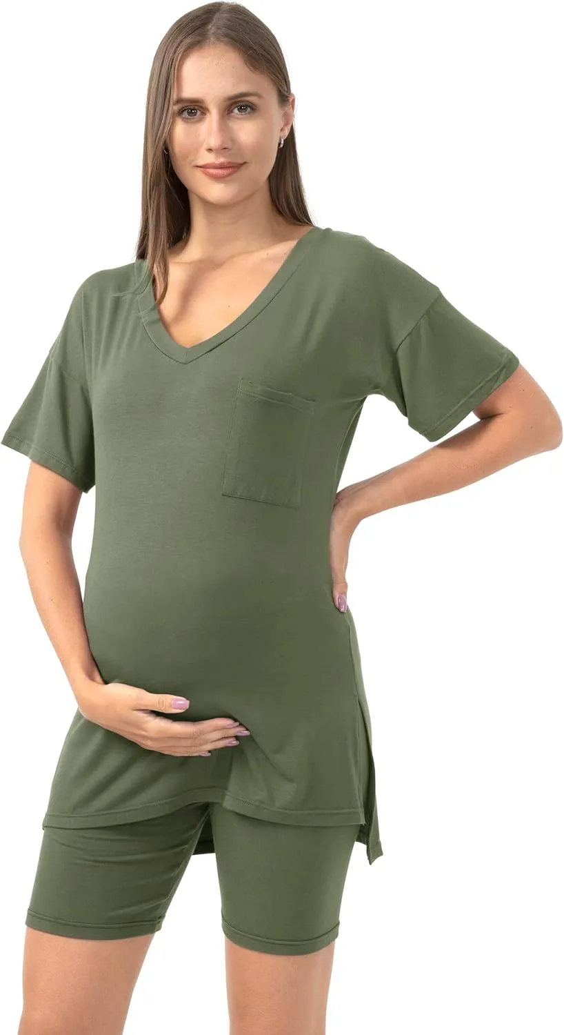 SUNNYBUY Maternity Pajamas Set 2 Piece Outfits V Neck Short Sleeve Shirts and Biker Shorts Pregnancy Postpartum Loungewear