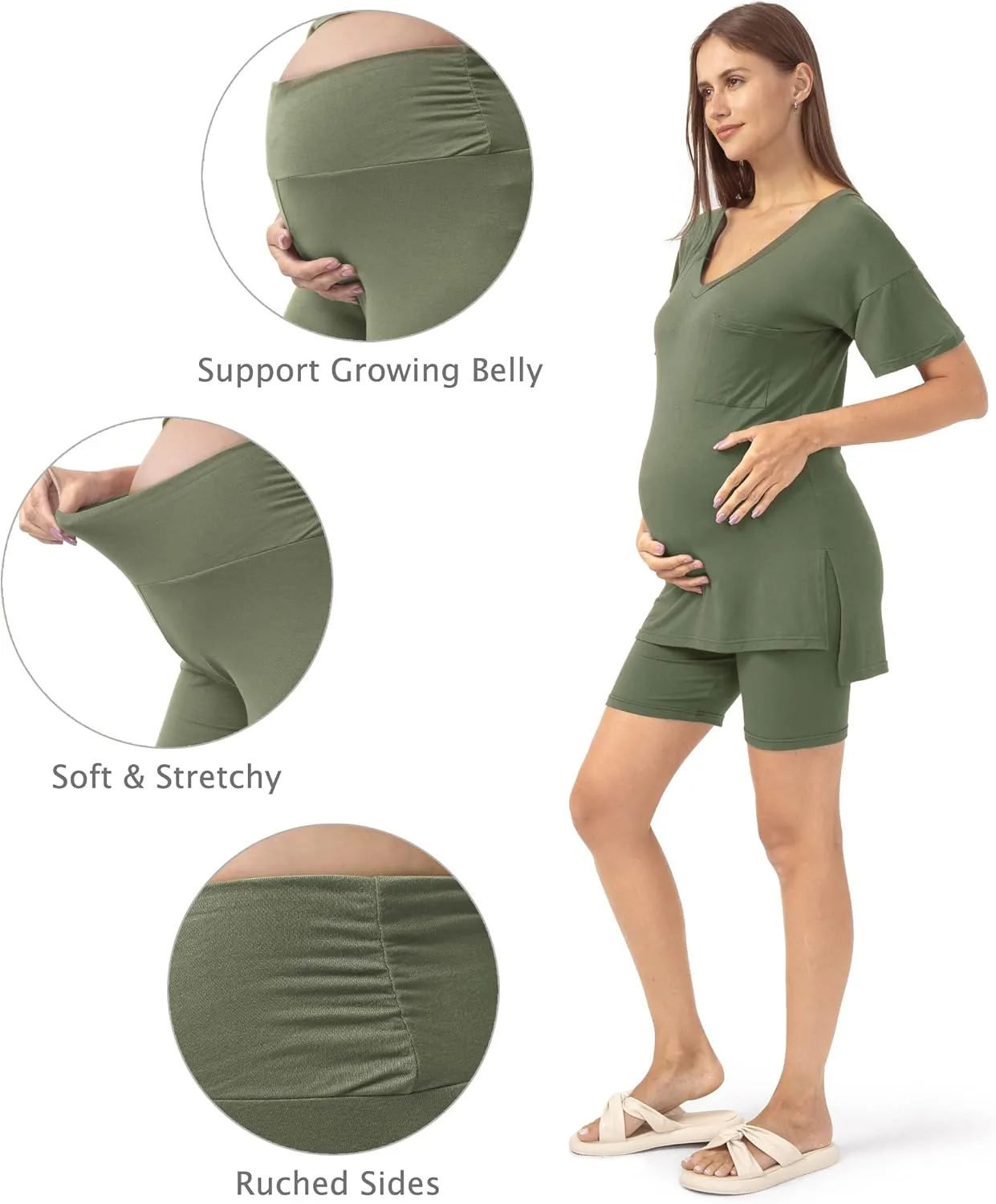 SUNNYBUY Maternity Pajamas Set 2 Piece Outfits V Neck Short Sleeve Shirts and Biker Shorts Pregnancy Postpartum Loungewear