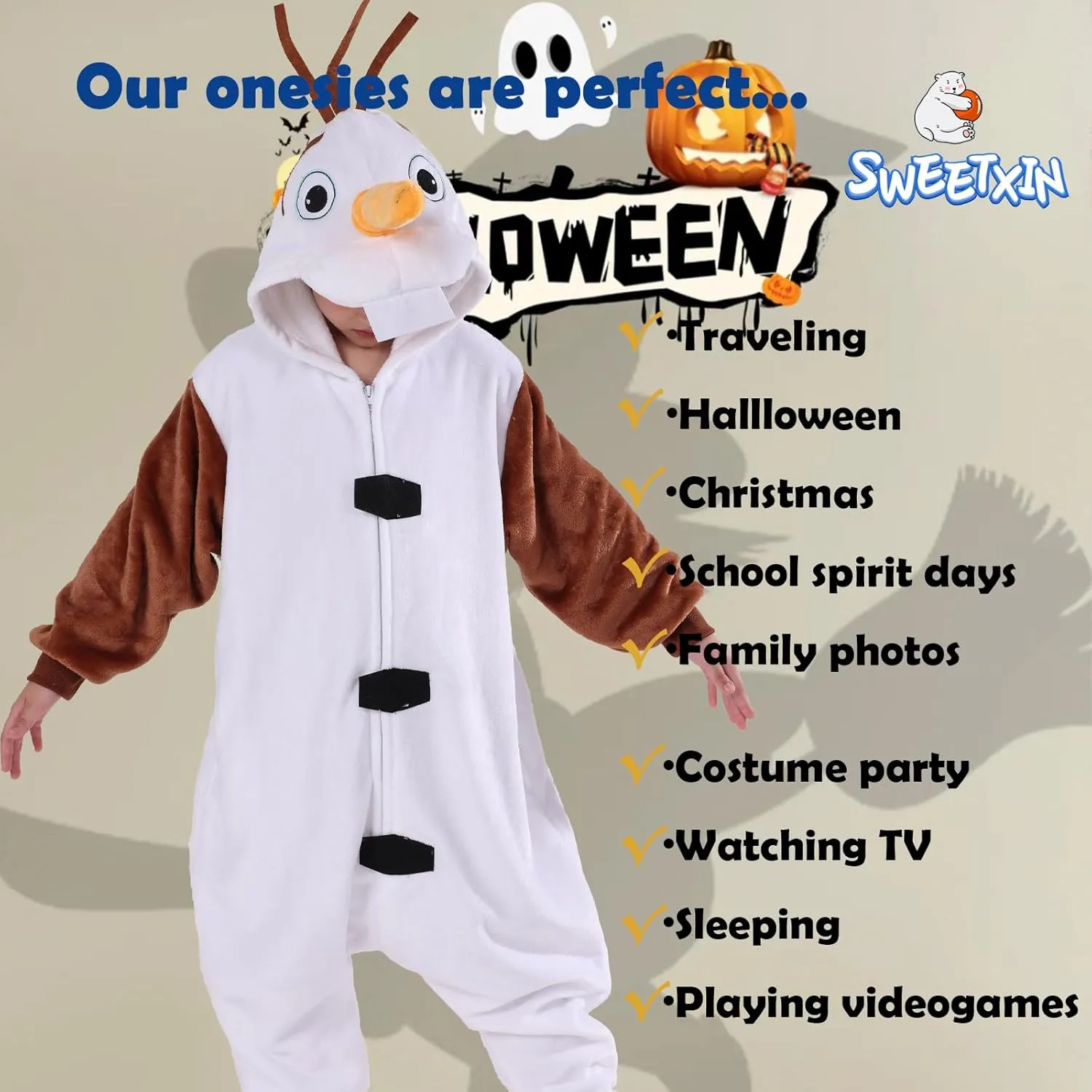 SWEETXIN Kids Unisex Onesie Pajamas Plush One Piece Halloween Costume Cosplay Sleepwear for Girls Boys