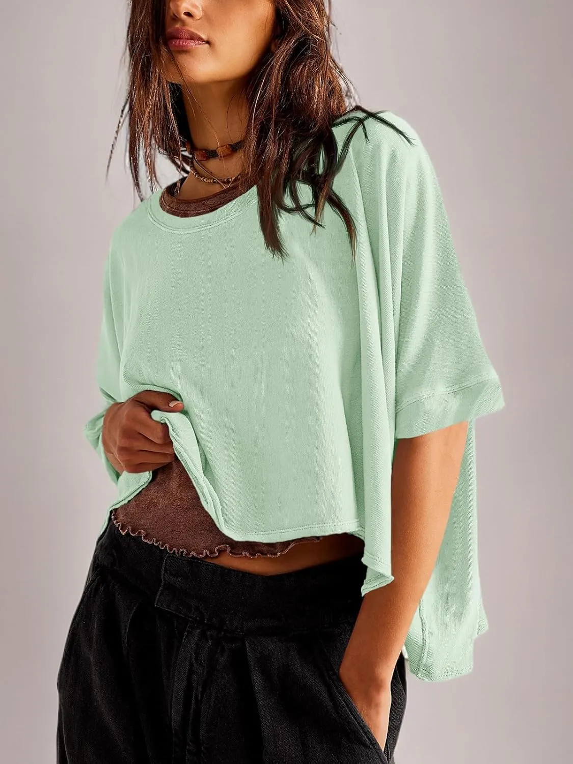 Tankaneo Womens Oversized T-Shirts Cropped Summer Casual Short Sleeve Loose Fit Tee Tops