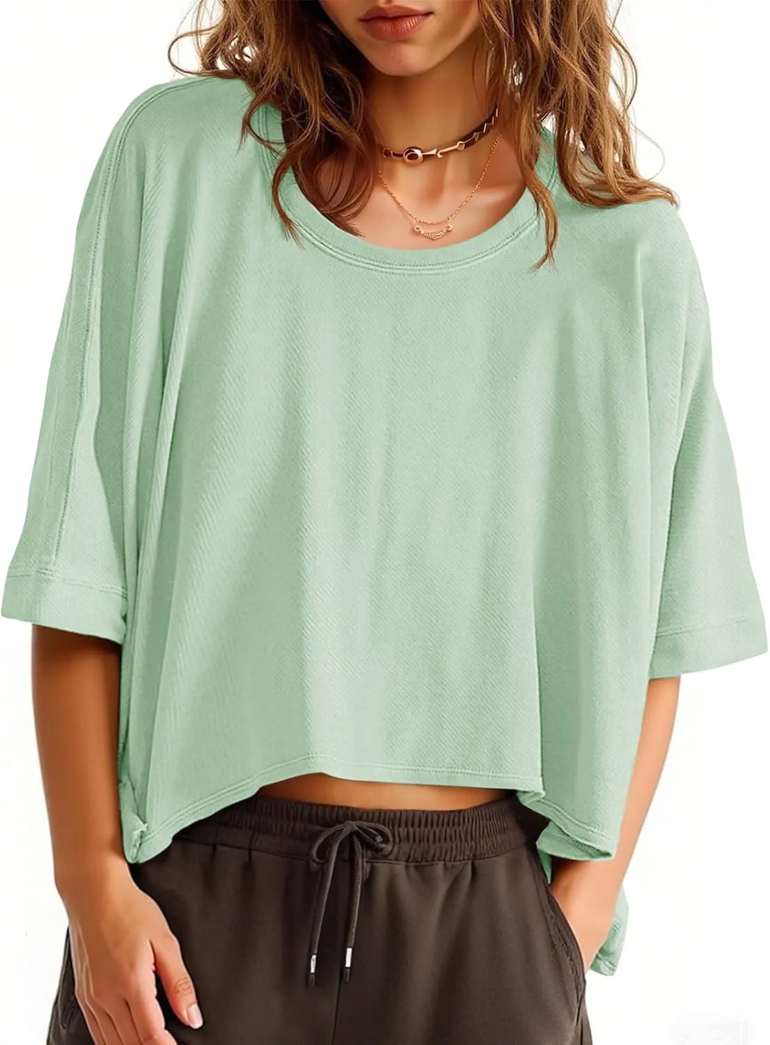 Tankaneo Womens Oversized T-Shirts Cropped Summer Casual Short Sleeve Loose Fit Tee Tops