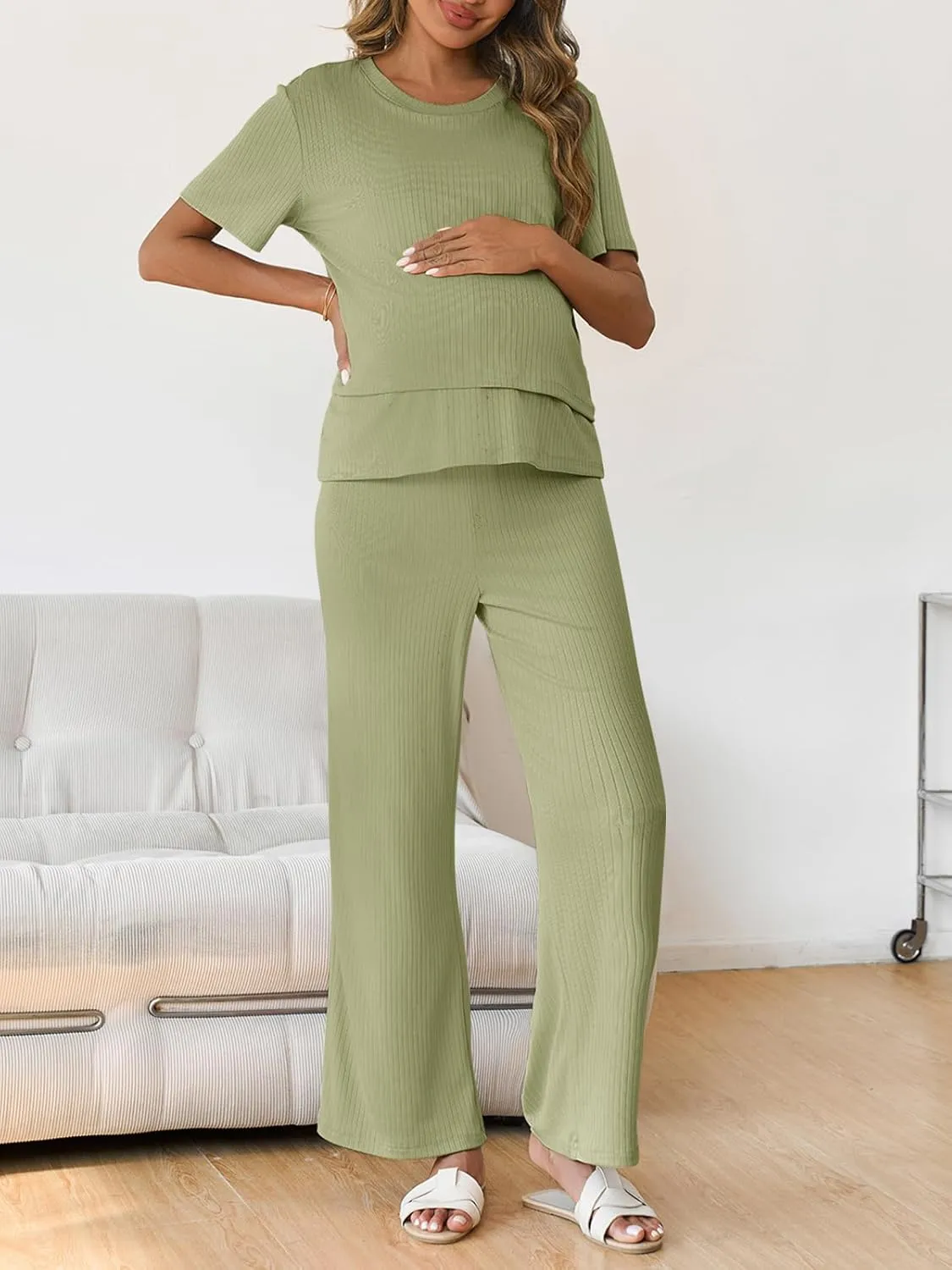 Tankaneo Womens Postpartum Maternity Pajamas 2 Piece Sets Rib Short Sleeve Nursing Tops and Elastic Waist Pants Loungewear