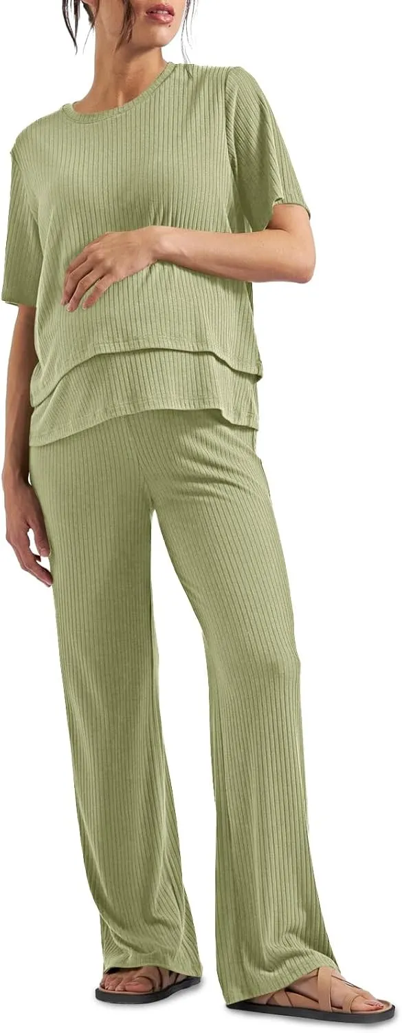 Tankaneo Womens Postpartum Maternity Pajamas 2 Piece Sets Rib Short Sleeve Nursing Tops and Elastic Waist Pants Loungewear