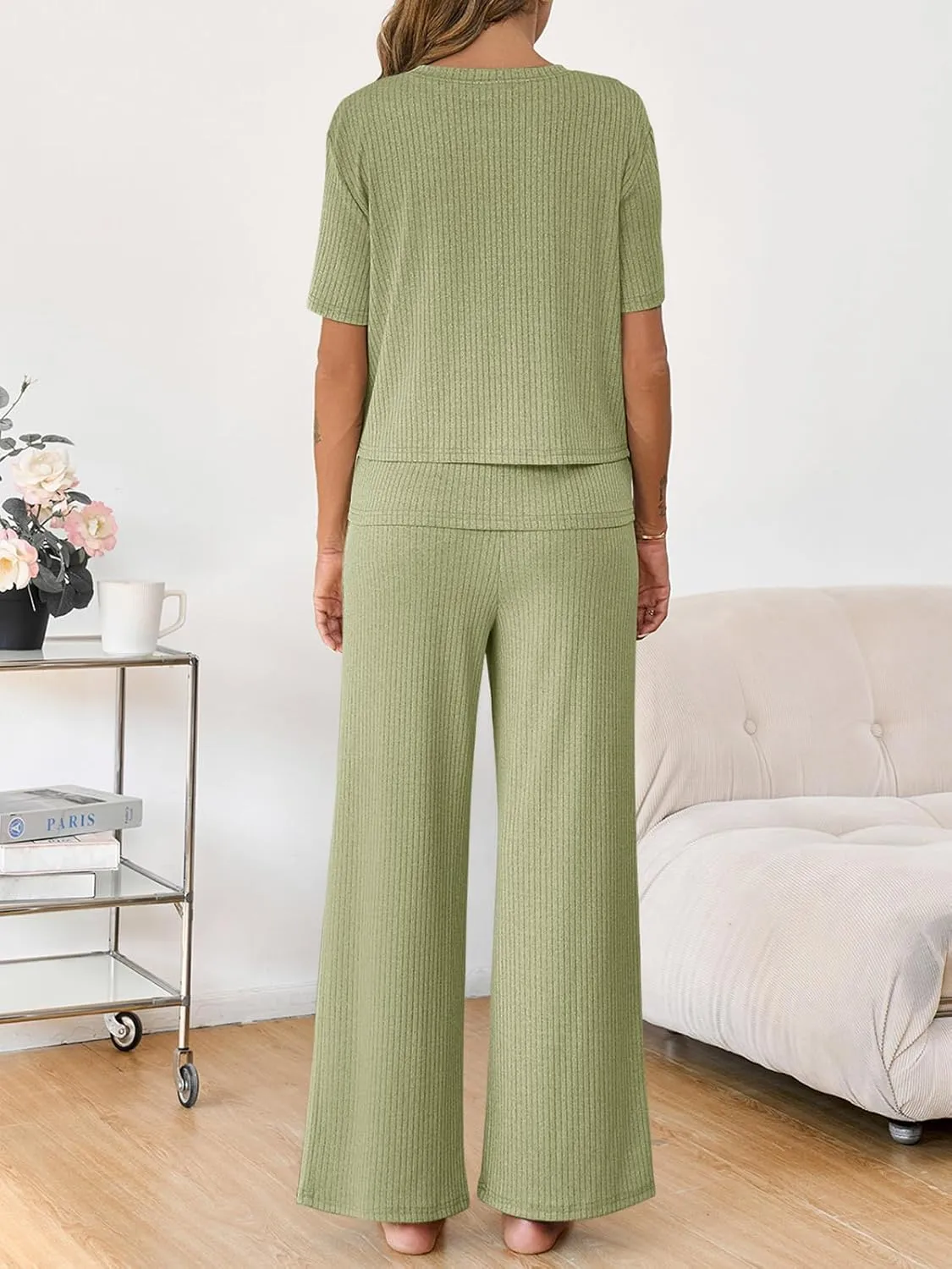 Tankaneo Womens Postpartum Maternity Pajamas 2 Piece Sets Rib Short Sleeve Nursing Tops and Elastic Waist Pants Loungewear
