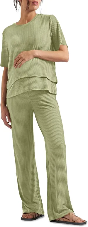 Tankaneo Womens Postpartum Maternity Pajamas 2 Piece Sets Rib Short Sleeve Nursing Tops and Elastic Waist Pants Loungewear