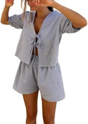 Thopavenoir Women 2 Piece Casual Lounge Sets Y2k Puff Sleeve Peplum Shirt Tie Front Tee Shirt Shorts 2pcs Pajamas Sets