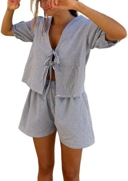Thopavenoir Women 2 Piece Casual Lounge Sets Y2k Puff Sleeve Peplum Shirt Tie Front Tee Shirt Shorts 2pcs Pajamas Sets