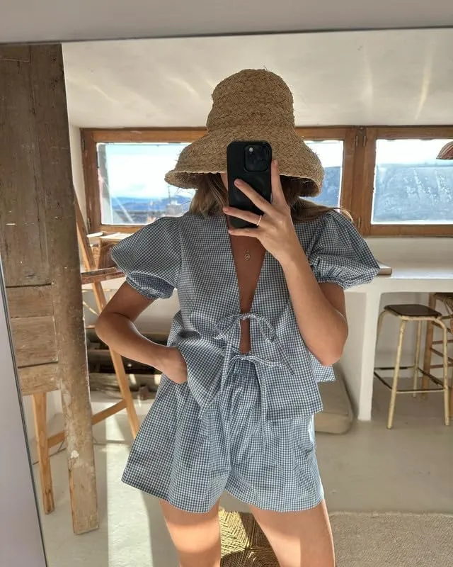 Thopavenoir Women 2 Piece Casual Lounge Sets Y2k Puff Sleeve Peplum Shirt Tie Front Tee Shirt Shorts 2pcs Pajamas Sets
