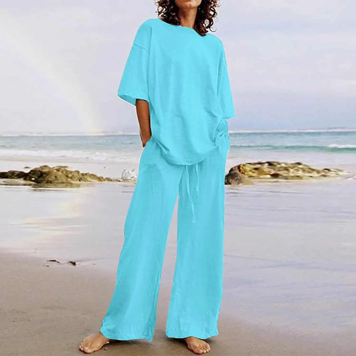 Two Piece Sets for Women 2024 Oversized Short Sleeve Shirt Loose Pullover Tops Wide Leg Pants Set Summer Linen Outfits