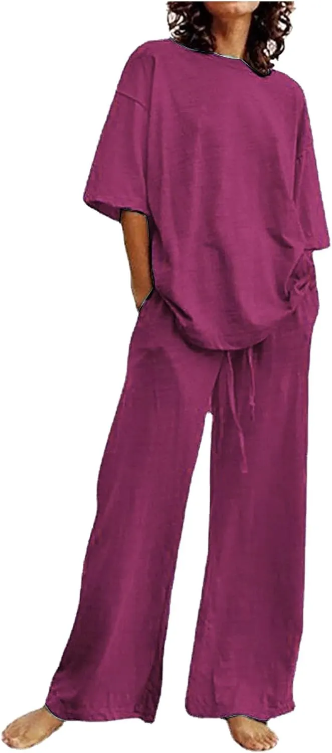 Two Piece Sets for Women 2024 Oversized Short Sleeve Shirt Loose Pullover Tops Wide Leg Pants Set Summer Linen Outfits