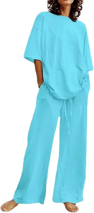 Two Piece Sets for Women 2024 Oversized Short Sleeve Shirt Loose Pullover Tops Wide Leg Pants Set Summer Linen Outfits