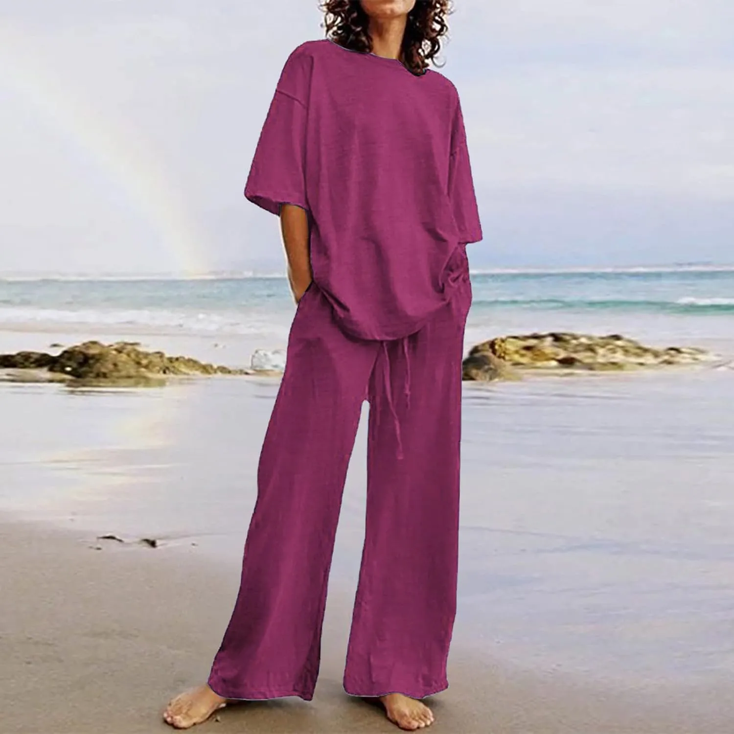 Two Piece Sets for Women 2024 Oversized Short Sleeve Shirt Loose Pullover Tops Wide Leg Pants Set Summer Linen Outfits