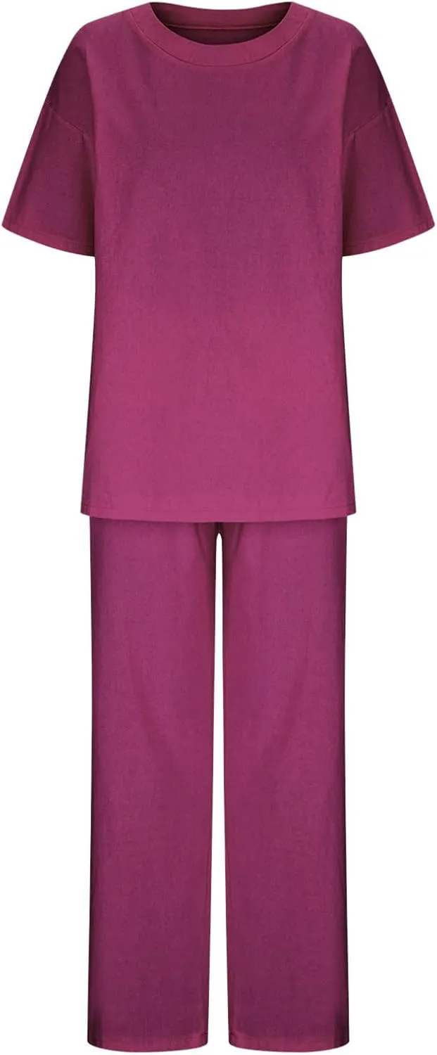Two Piece Sets for Women 2024 Oversized Short Sleeve Shirt Loose Pullover Tops Wide Leg Pants Set Summer Linen Outfits