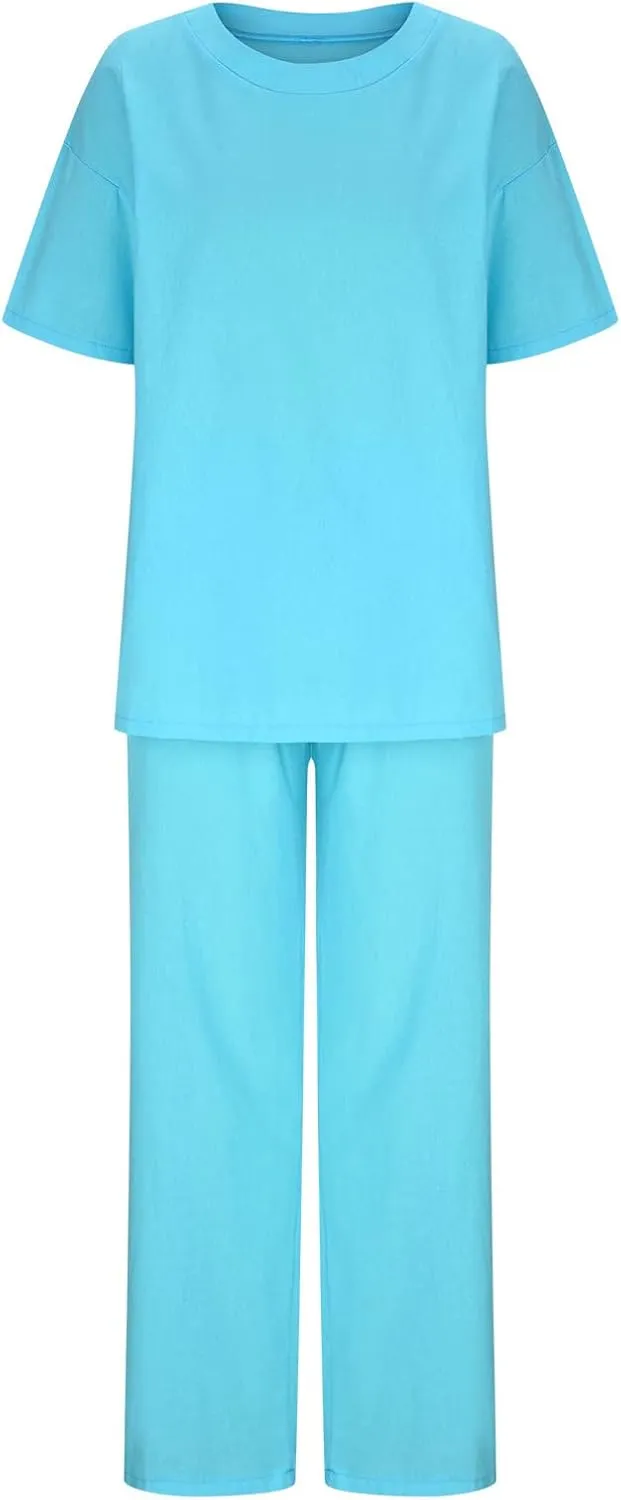 Two Piece Sets for Women 2024 Oversized Short Sleeve Shirt Loose Pullover Tops Wide Leg Pants Set Summer Linen Outfits