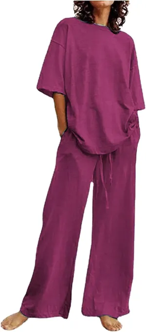 Two Piece Sets for Women 2024 Oversized Short Sleeve Shirt Loose Pullover Tops Wide Leg Pants Set Summer Linen Outfits