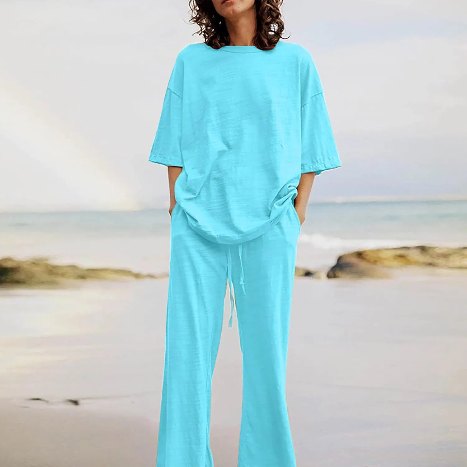 Two Piece Sets for Women 2024 Oversized Short Sleeve Shirt Loose Pullover Tops Wide Leg Pants Set Summer Linen Outfits