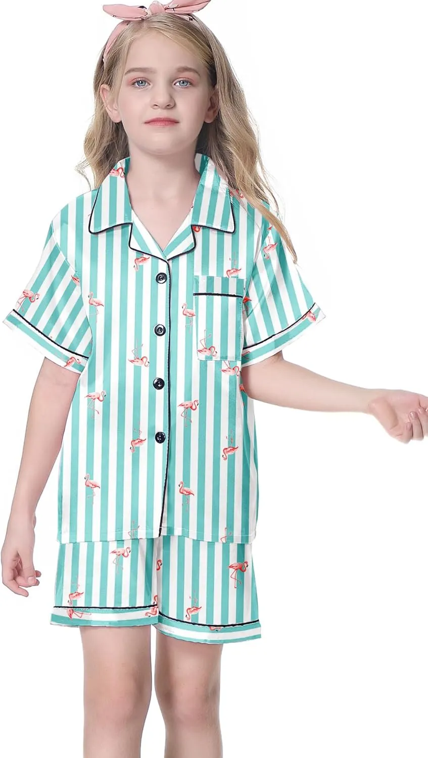 Umeyda Women & Girls Pajamas Set, Soft Satin Lightweight Silk Button-Down Top with Shorts 2 Piece PJS for Mom Boys Kids Gifts