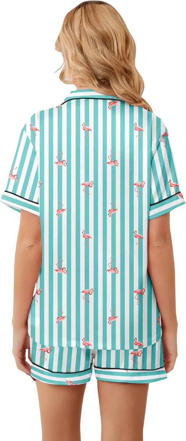 Umeyda Women & Girls Pajamas Set, Soft Satin Lightweight Silk Button-Down Top with Shorts 2 Piece PJS for Mom Boys Kids Gifts