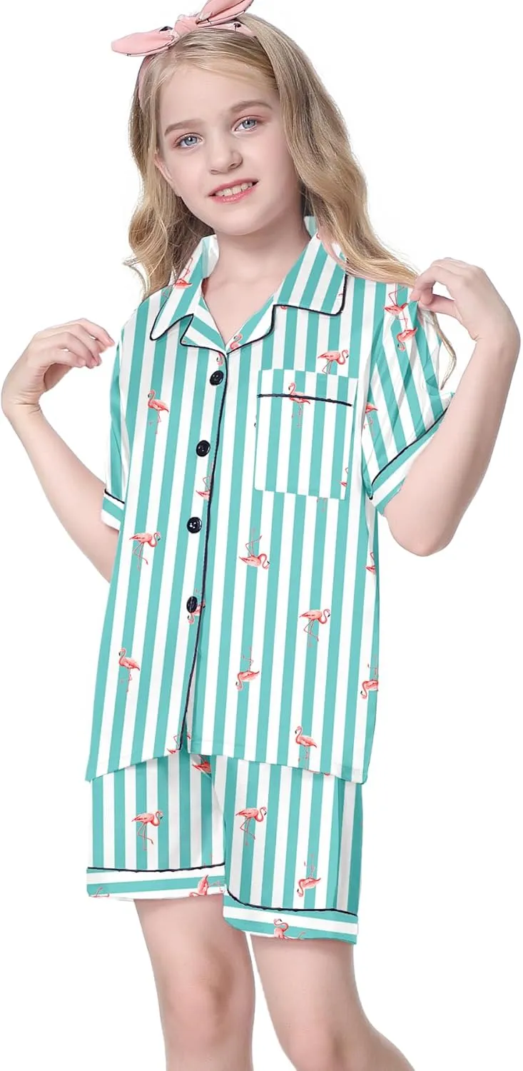 Umeyda Women & Girls Pajamas Set, Soft Satin Lightweight Silk Button-Down Top with Shorts 2 Piece PJS for Mom Boys Kids Gifts