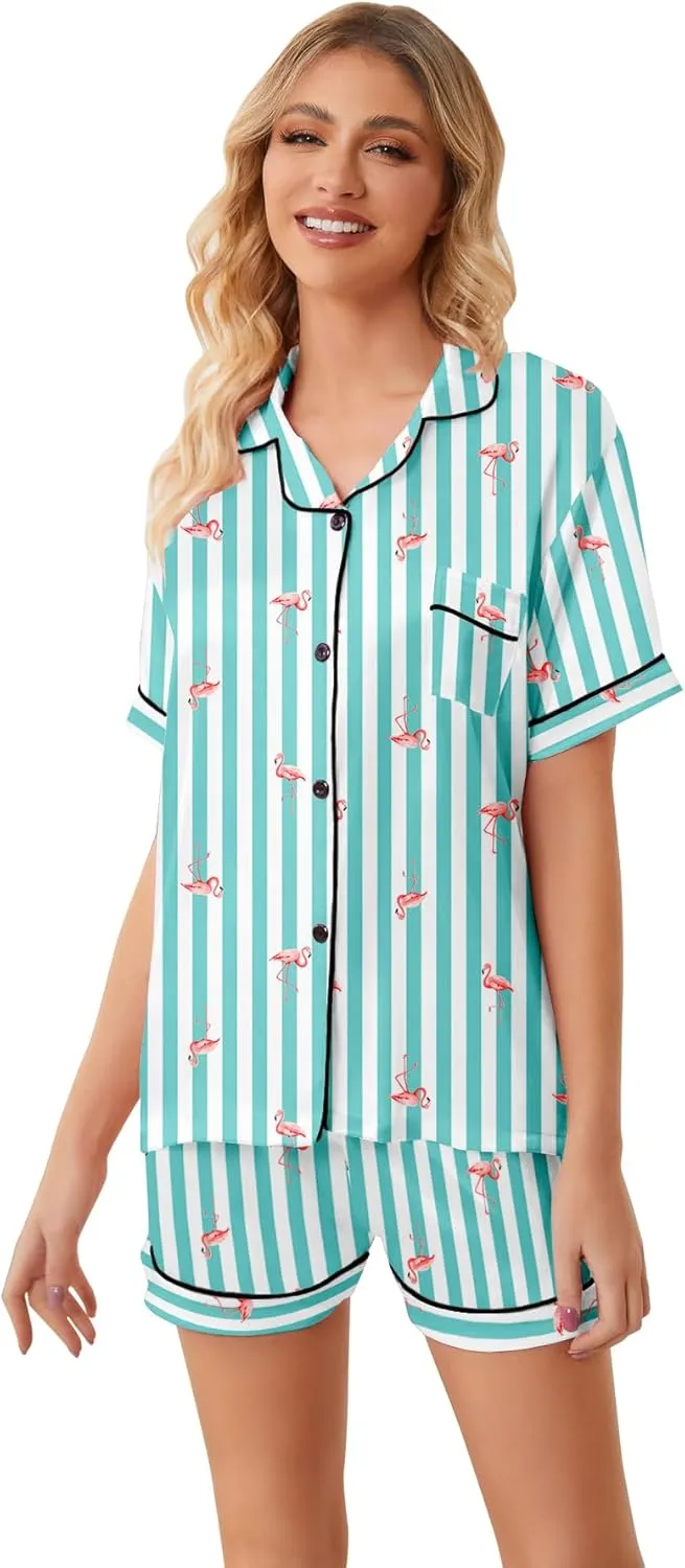 Umeyda Women & Girls Pajamas Set, Soft Satin Lightweight Silk Button-Down Top with Shorts 2 Piece PJS for Mom Boys Kids Gifts