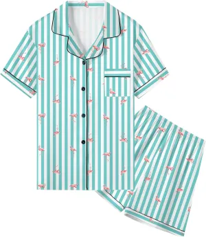 Umeyda Women & Girls Pajamas Set, Soft Satin Lightweight Silk Button-Down Top with Shorts 2 Piece PJS for Mom Boys Kids Gifts