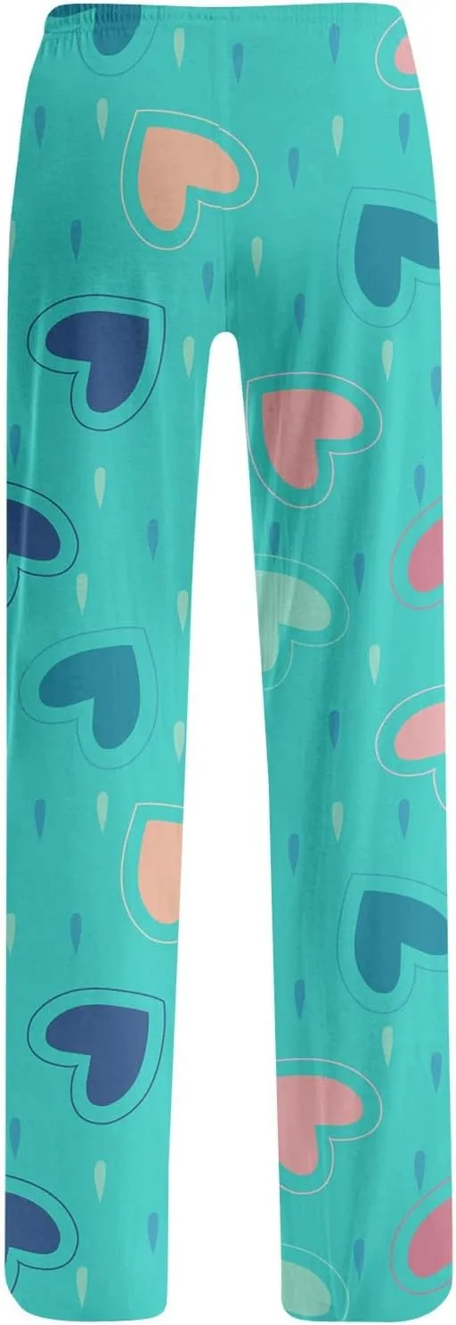 Valentines Day Print Pajamas Pant Womens Elastic Waist Cute Heart Sleepwear Pants S-3XL
