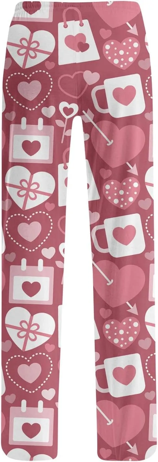 Valentines Day Print Pajamas Pant Womens Elastic Waist Cute Heart Sleepwear Pants S-3XL