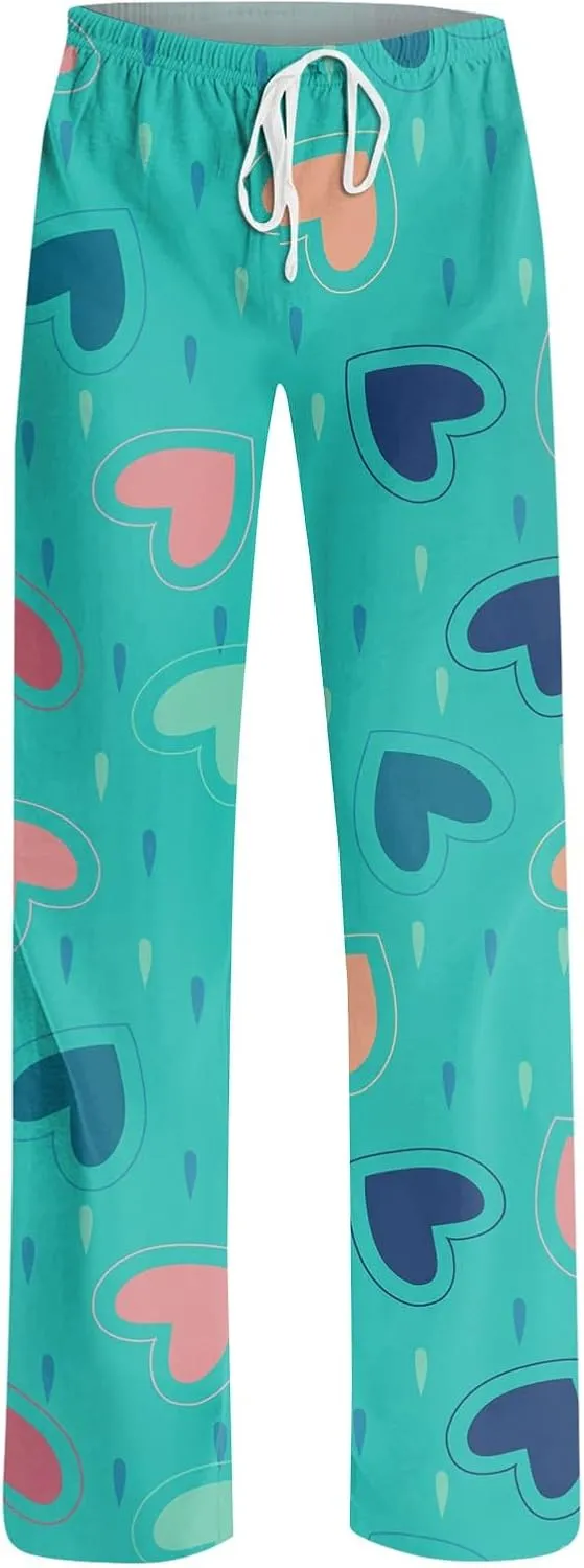 Valentines Day Print Pajamas Pant Womens Elastic Waist Cute Heart Sleepwear Pants S-3XL