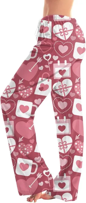 Valentines Day Print Pajamas Pant Womens Elastic Waist Cute Heart Sleepwear Pants S-3XL