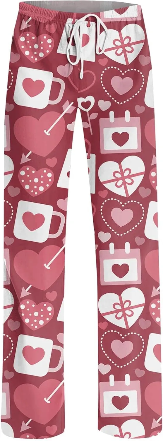Valentines Day Print Pajamas Pant Womens Elastic Waist Cute Heart Sleepwear Pants S-3XL