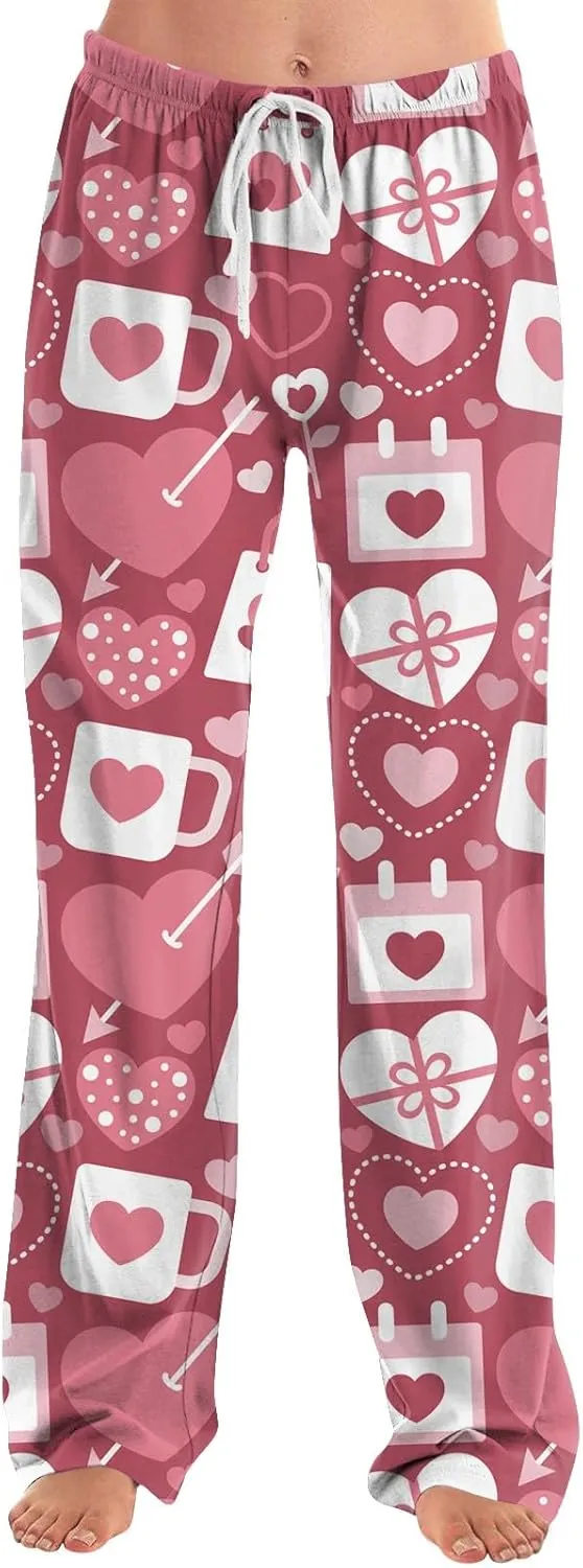 Valentines Day Print Pajamas Pant Womens Elastic Waist Cute Heart Sleepwear Pants S-3XL