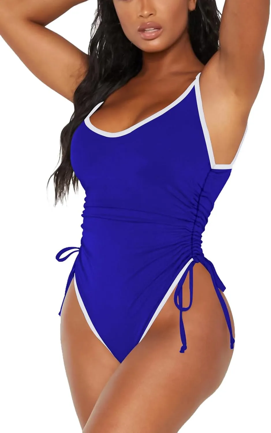 Viottiset Women's Ruched Drawstring One Piece Swimsuit Tummy Control High Cut Bathing Suit
