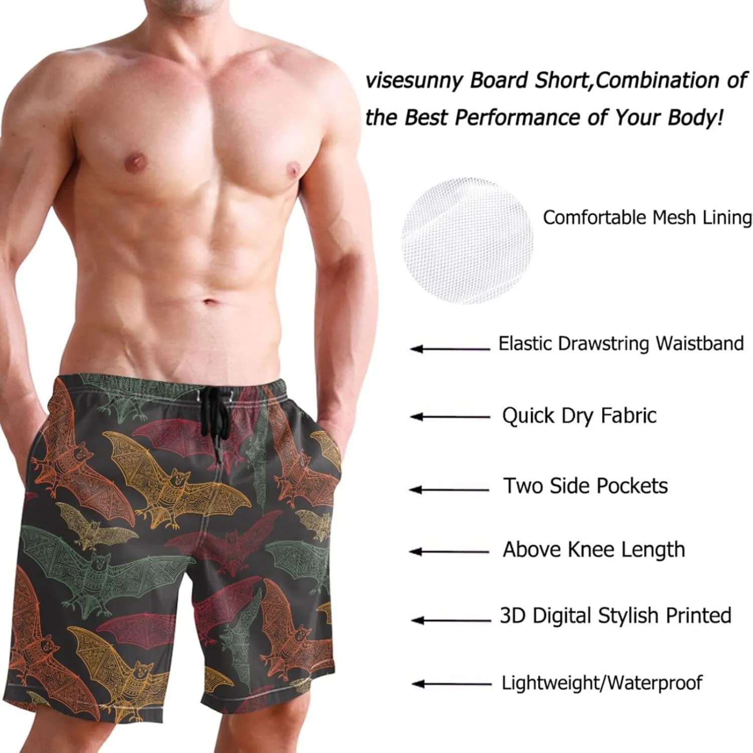 visesunny Mens Swim Trunks Quick Dry Board Shorts with Mesh Lining Breathable Fit Hawaii Beach Shorts Swimwear Bathing Suits