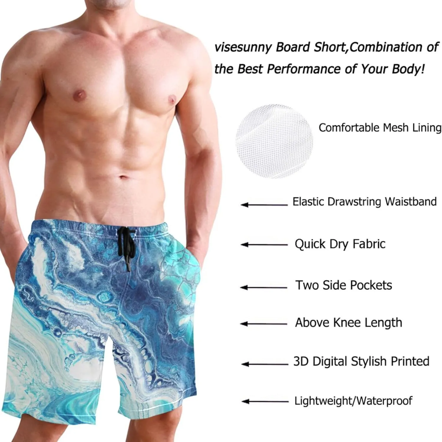 visesunny Mens Swim Trunks Quick Dry Board Shorts with Mesh Lining Breathable Fit Hawaii Beach Shorts Swimwear Bathing Suits