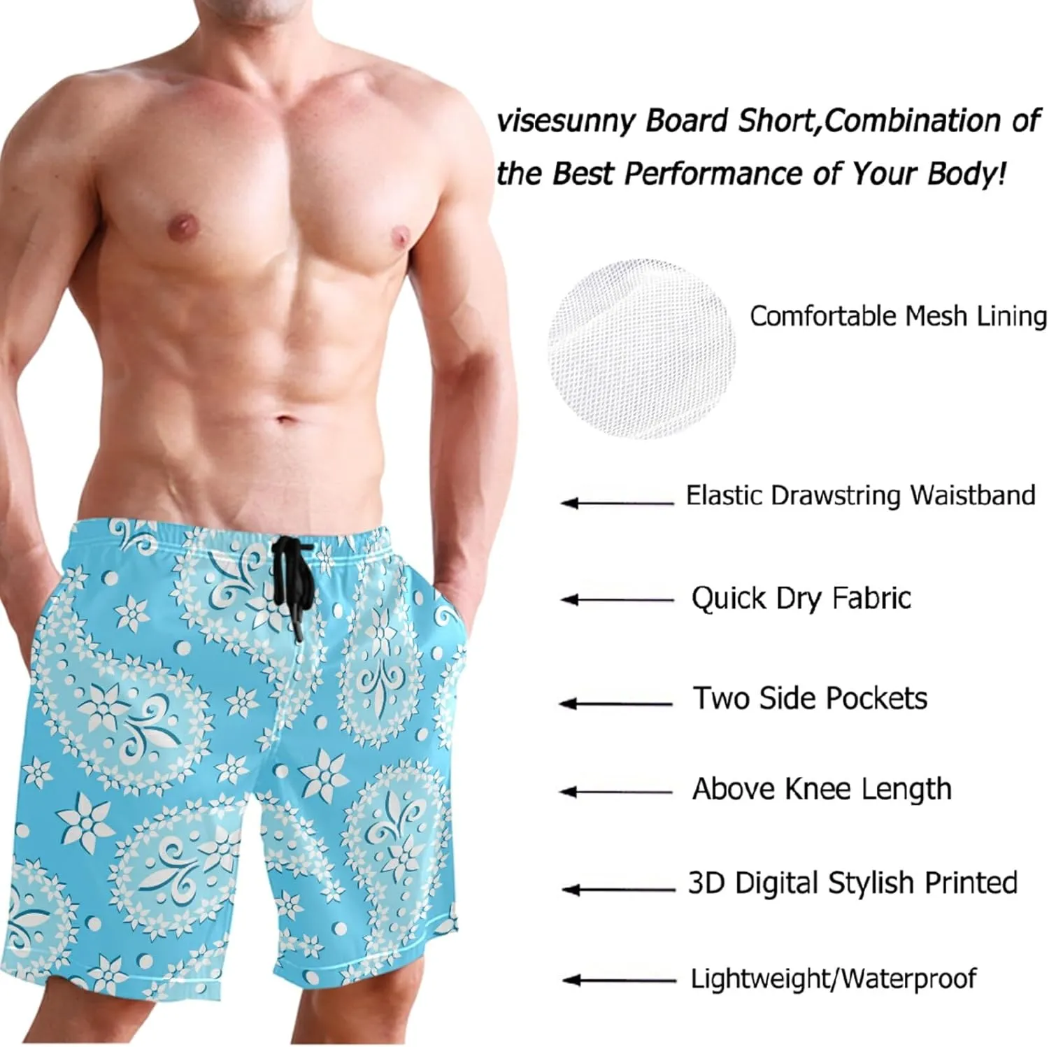 visesunny Mens Swim Trunks Quick Dry Board Shorts with Mesh Lining Breathable Fit Hawaii Beach Shorts Swimwear Bathing Suits