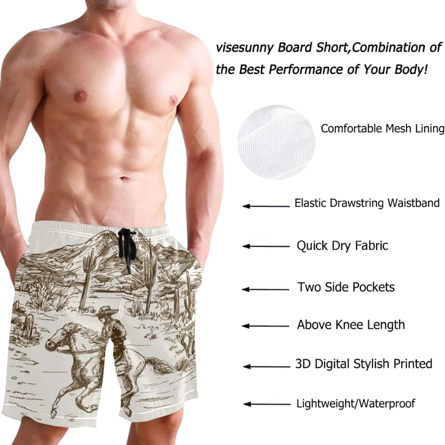 visesunny Mens Swim Trunks Quick Dry Board Shorts with Mesh Lining Breathable Fit Hawaii Beach Shorts Swimwear Bathing Suits