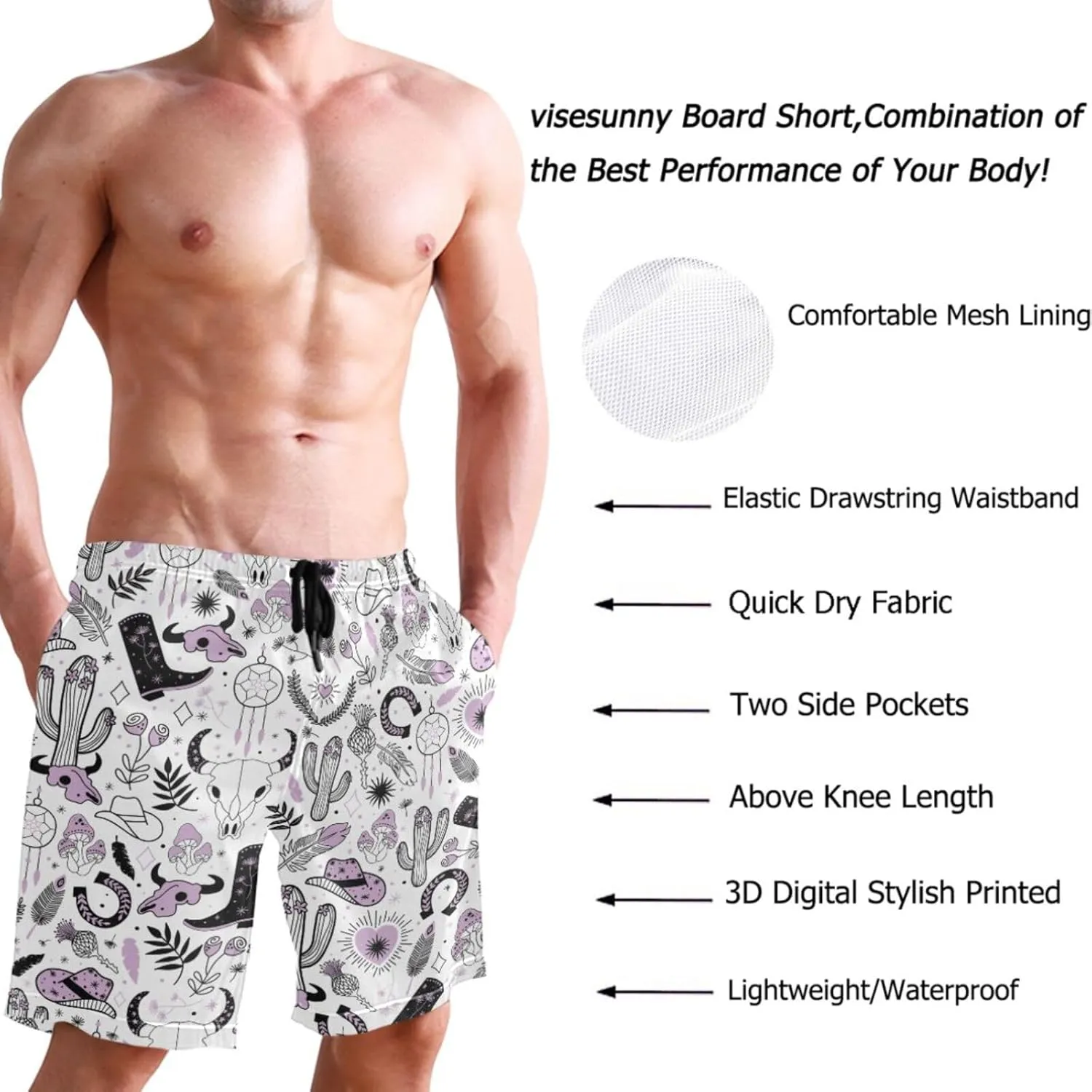 visesunny Mens Swim Trunks Quick Dry Board Shorts with Mesh Lining Breathable Fit Hawaii Beach Shorts Swimwear Bathing Suits