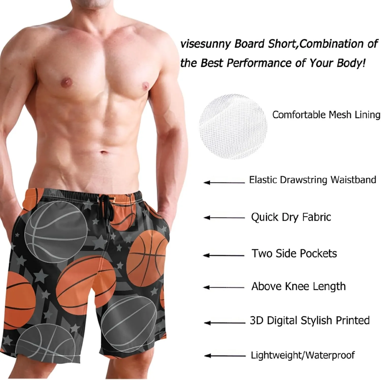 visesunny Mens Swim Trunks Quick Dry Board Shorts with Mesh Lining Breathable Fit Hawaii Beach Shorts Swimwear Bathing Suits