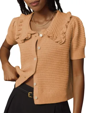 Watashi Women Short Sleeve Sweater Tops Button Down Knitted Crop T Shirts Blouses Ruffle Collar Cardigan Sweater