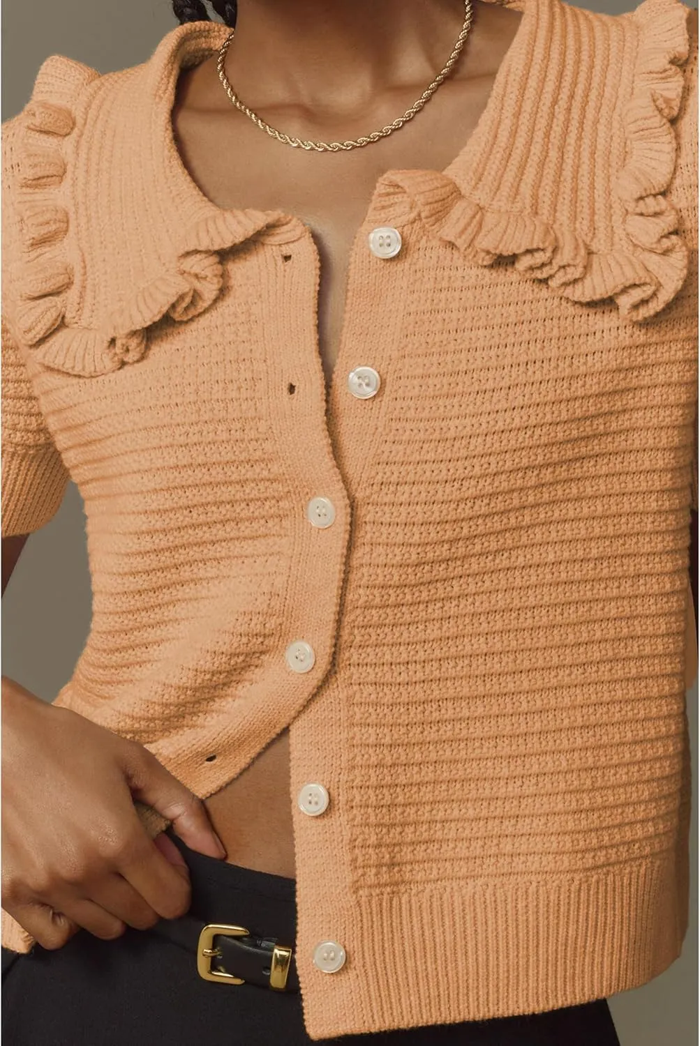 Watashi Women Short Sleeve Sweater Tops Button Down Knitted Crop T Shirts Blouses Ruffle Collar Cardigan Sweater
