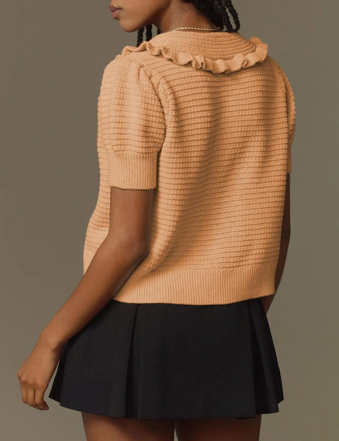 Watashi Women Short Sleeve Sweater Tops Button Down Knitted Crop T Shirts Blouses Ruffle Collar Cardigan Sweater