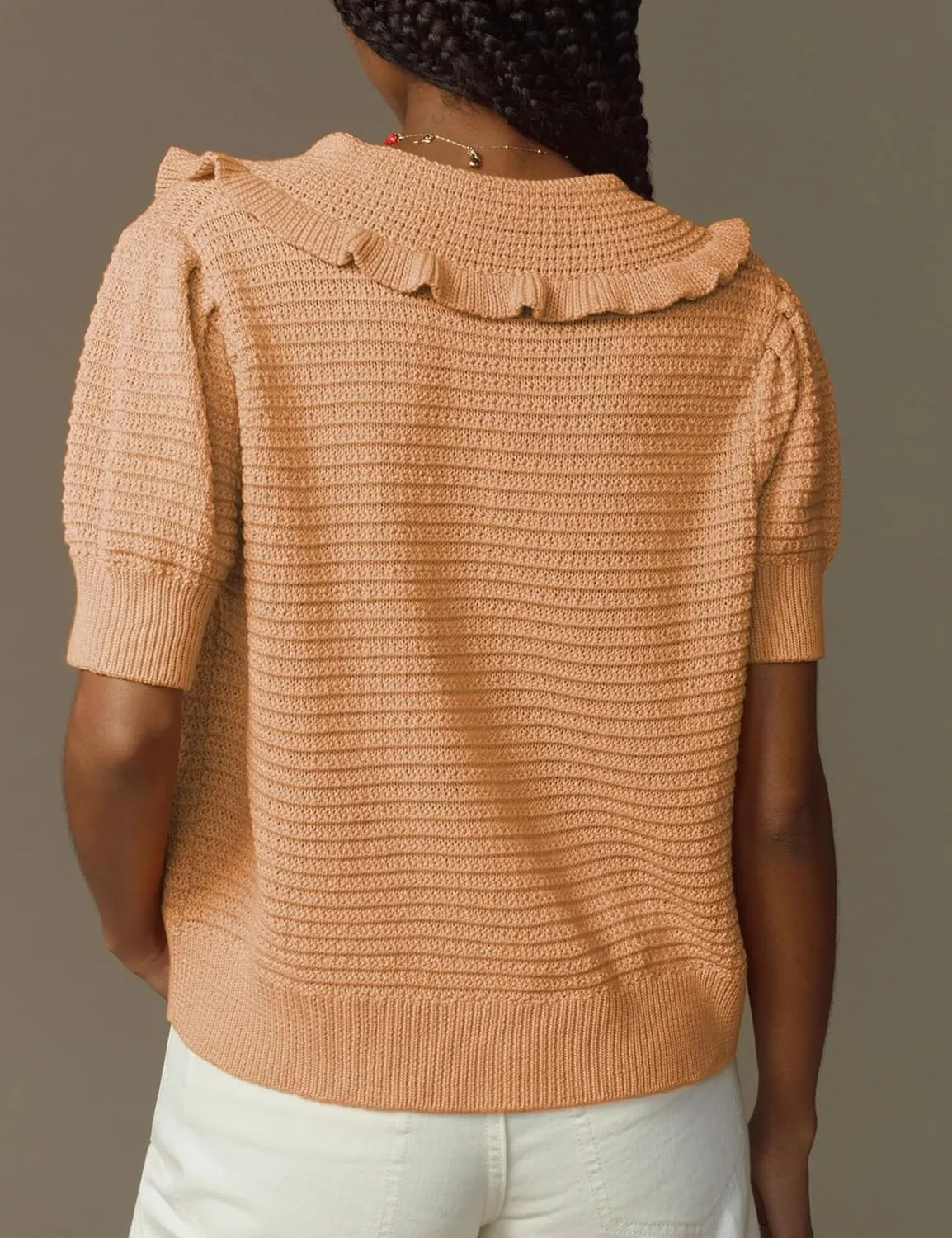 Watashi Women Short Sleeve Sweater Tops Button Down Knitted Crop T Shirts Blouses Ruffle Collar Cardigan Sweater