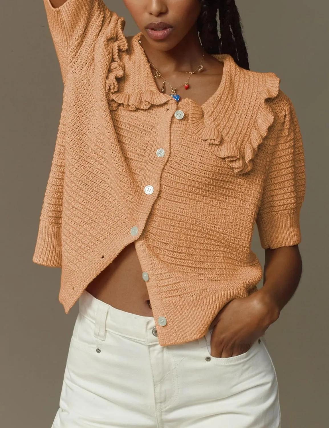 Watashi Women Short Sleeve Sweater Tops Button Down Knitted Crop T Shirts Blouses Ruffle Collar Cardigan Sweater