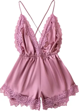 WDIRARA Women's 2023 Satin Teddy Lingerie Lace Deep V Backless Sleeveless Romper Sleepwear
