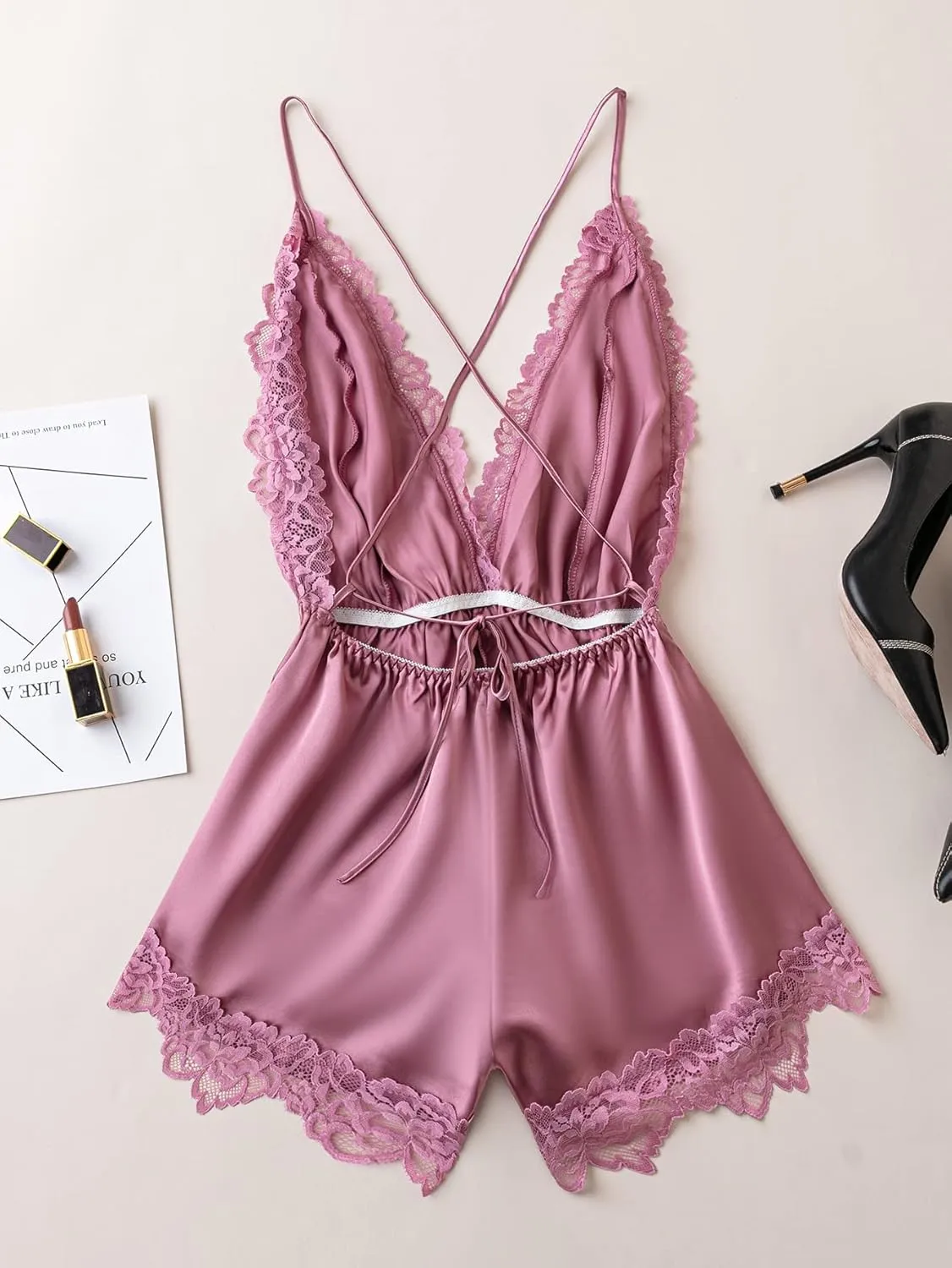 WDIRARA Women's 2023 Satin Teddy Lingerie Lace Deep V Backless Sleeveless Romper Sleepwear