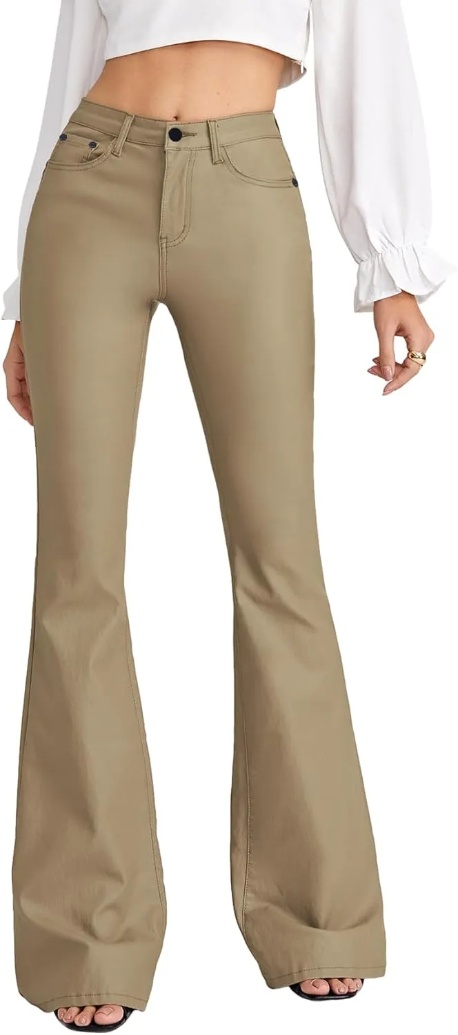 WDIRARA Women's Slant Pocket Straight Leg High Stretch Jeans Leather Look Long Pants